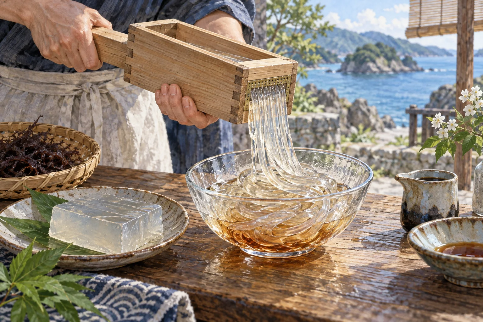 木製の天突きから透明なところてんを押し出す手元