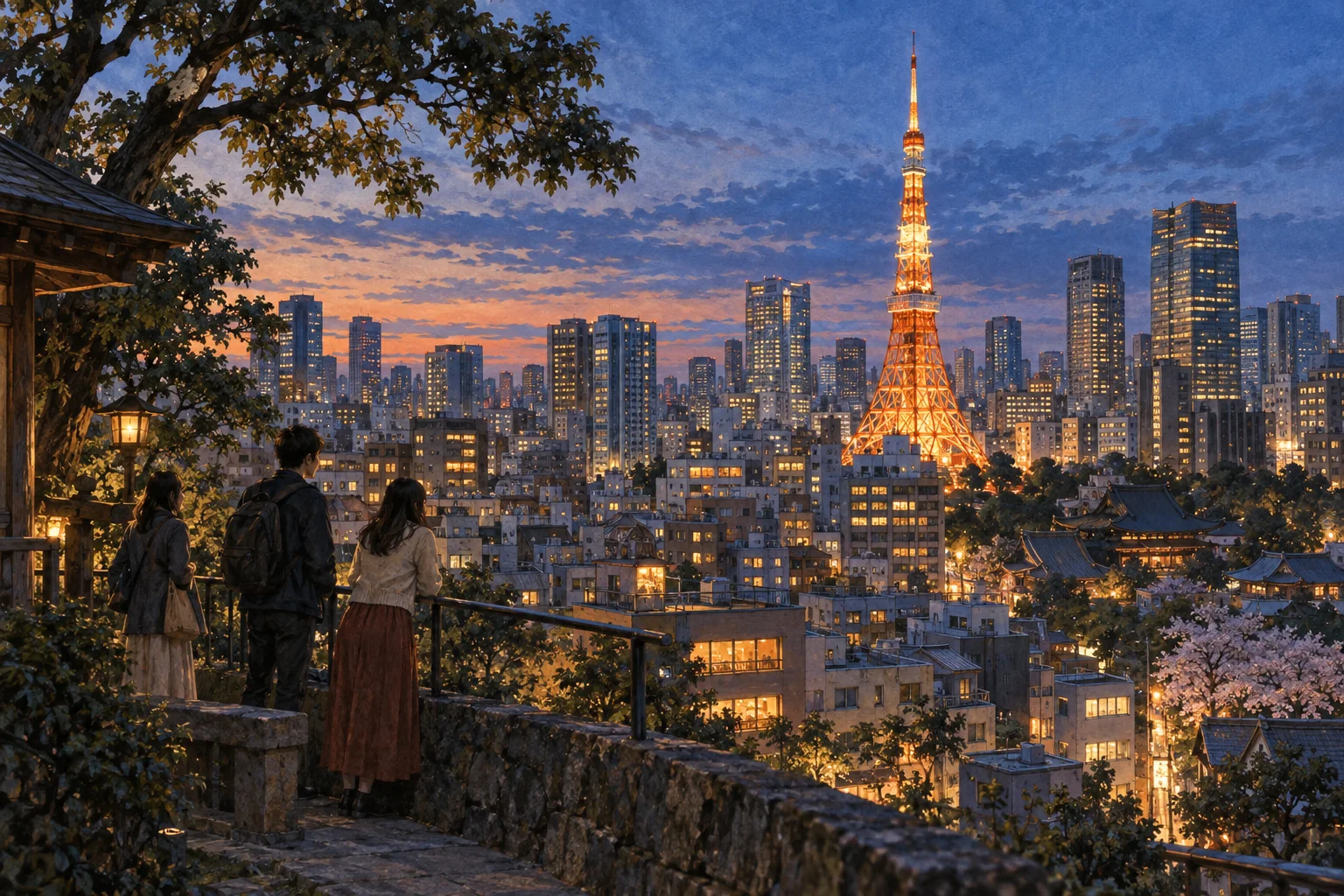 夕暮れの街並みに明かりを灯す東京タワー