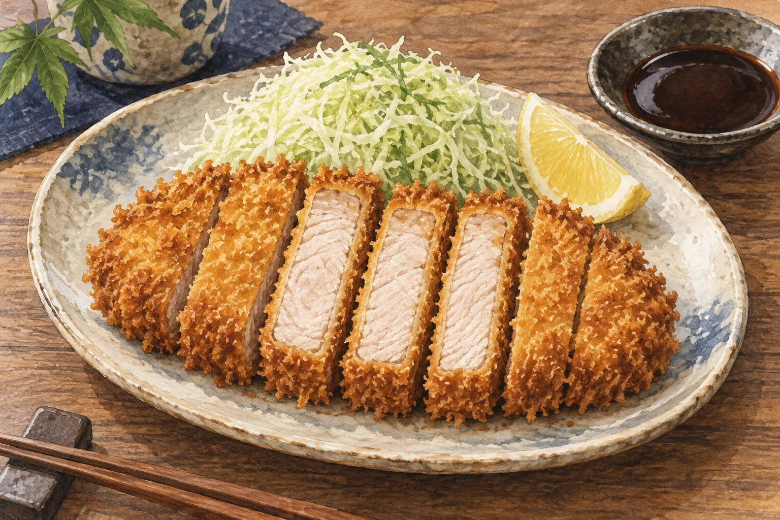 千切りキャベツとレモンを添えた、切り分けたとんかつ