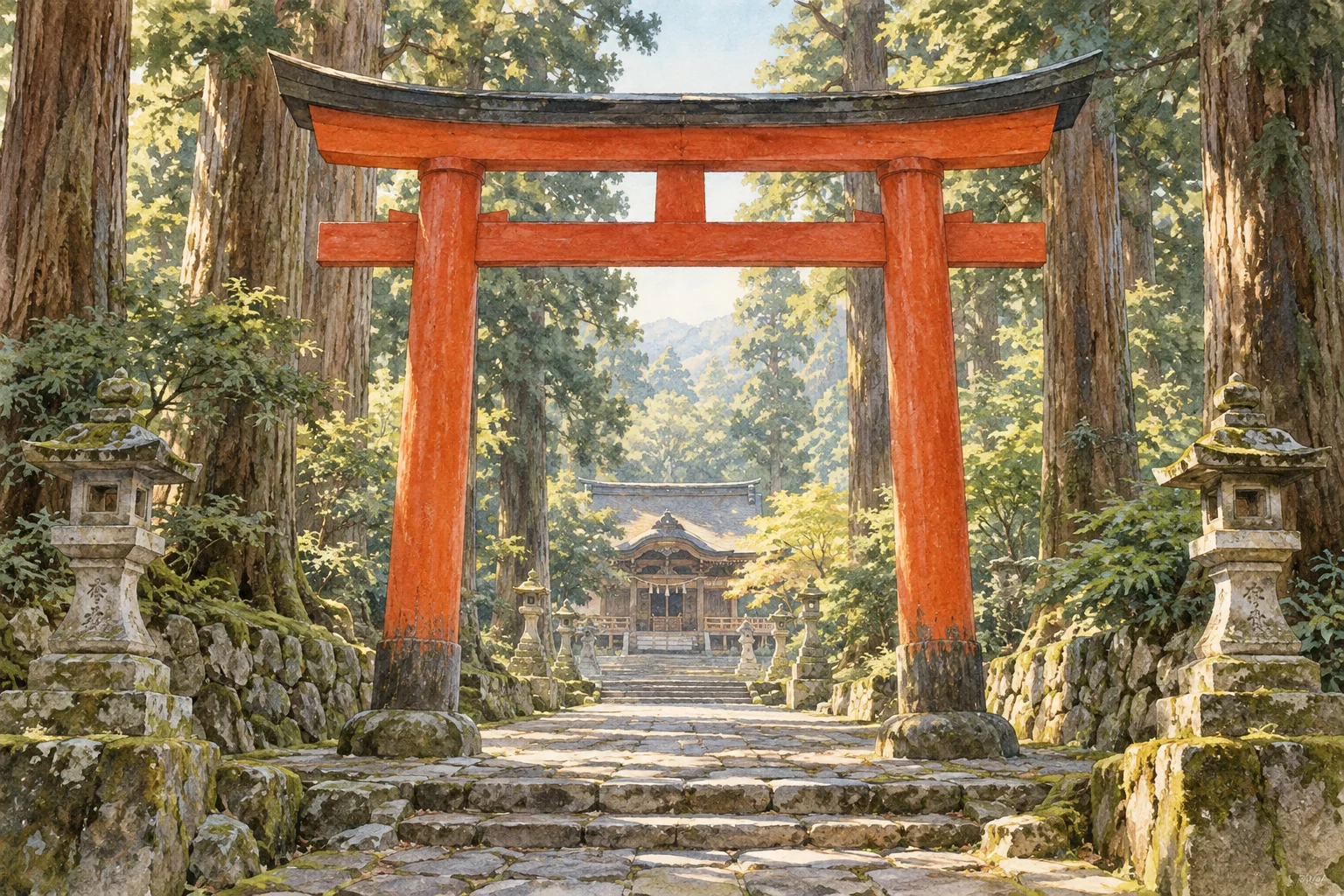 杉木立に囲まれた神社の参道に立つ朱色の鳥居のイラスト