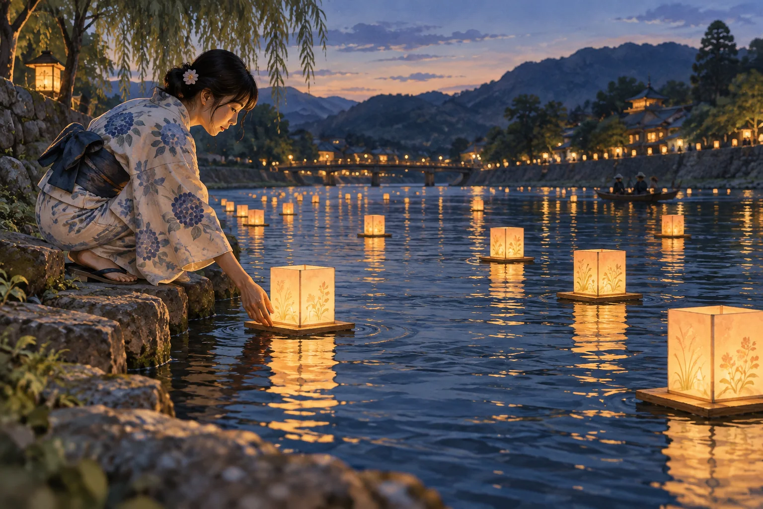 夕暮れの川に、小さな紙の灯籠を浮かべる灯籠流し