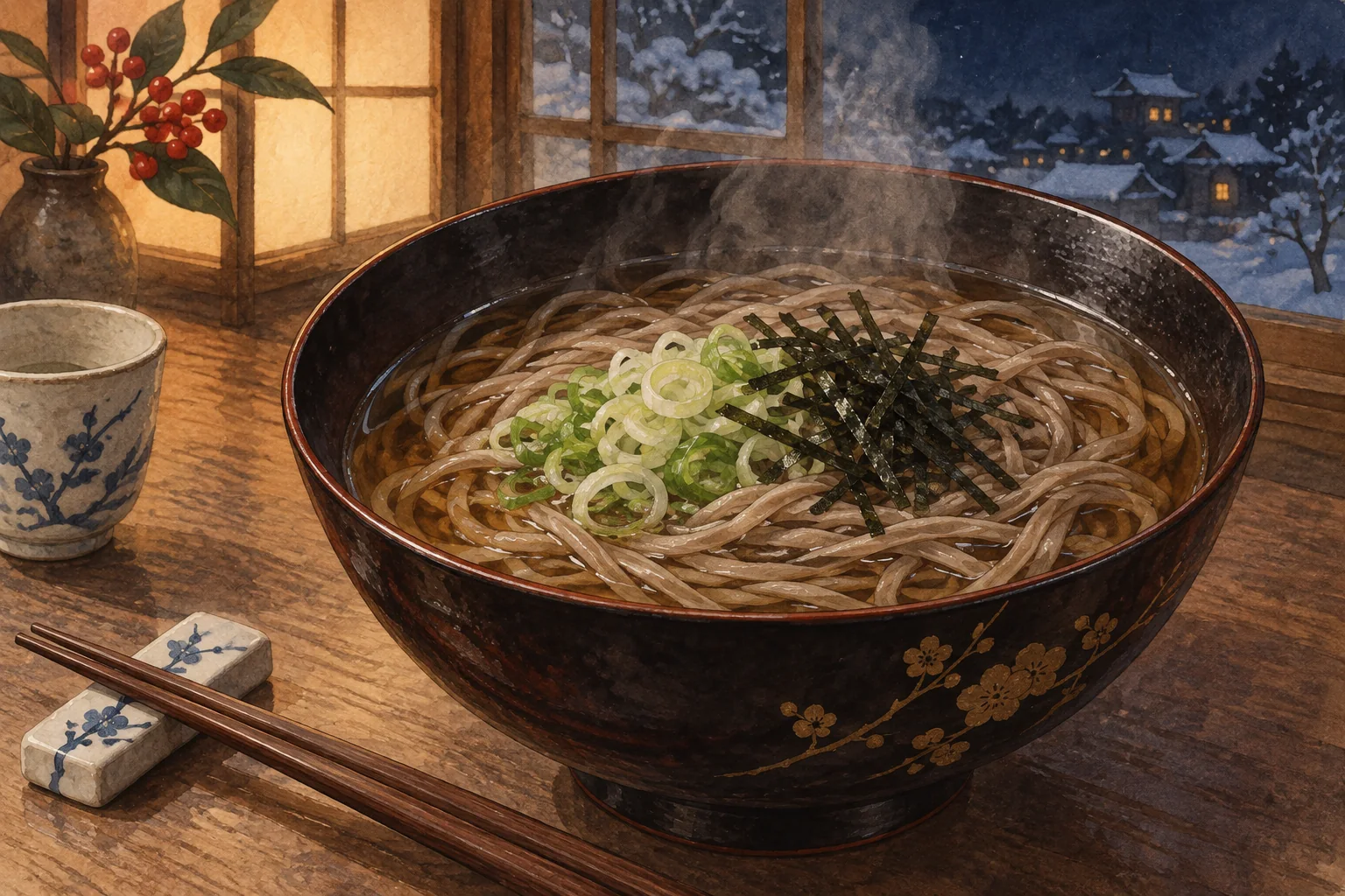 年の瀬の夜、ねぎとのりを添えた温かいそば