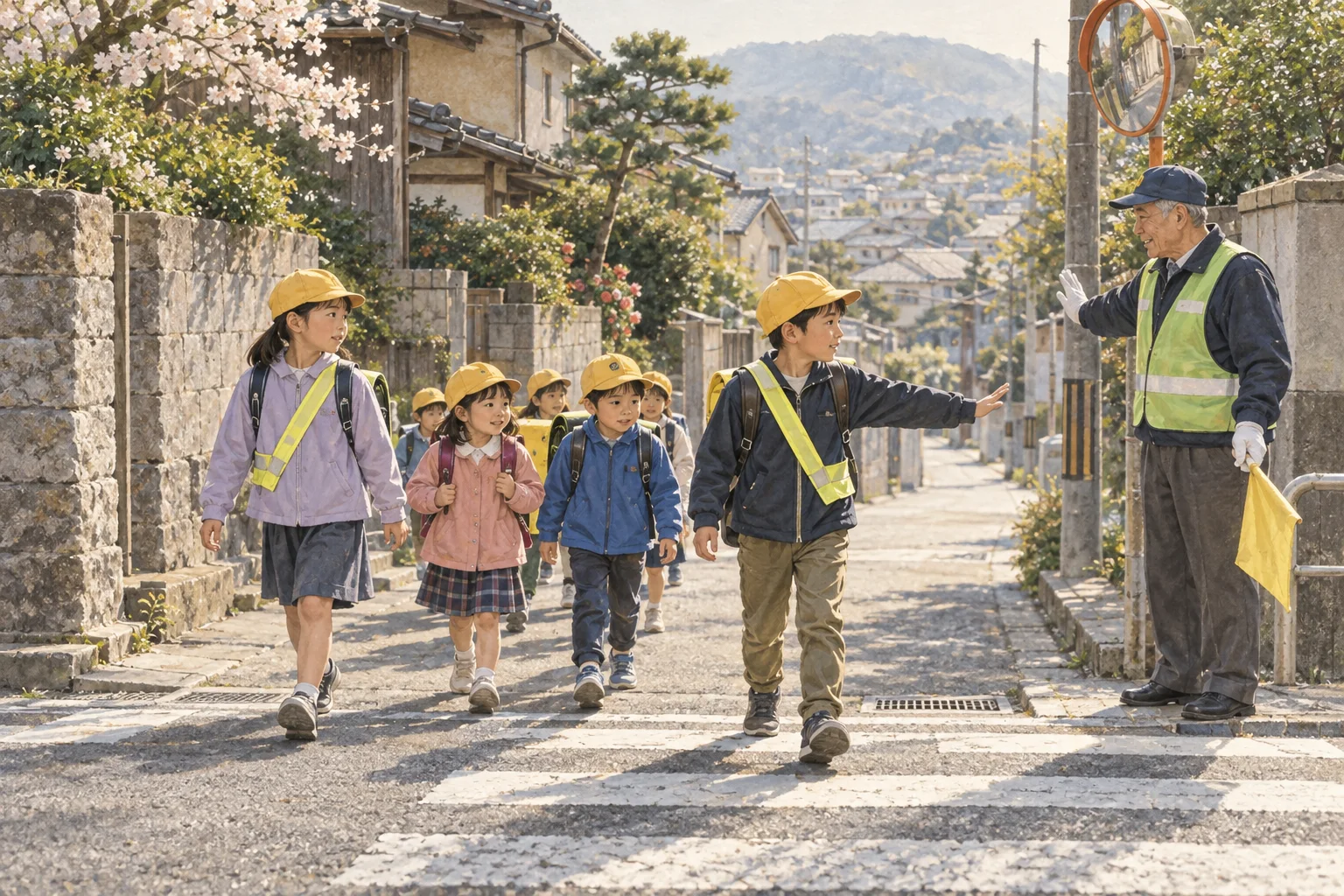 上級生が先頭に立って安全に登校する小学生の班