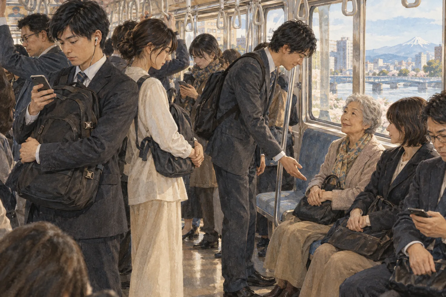 混雑した電車で周囲に配慮する乗客