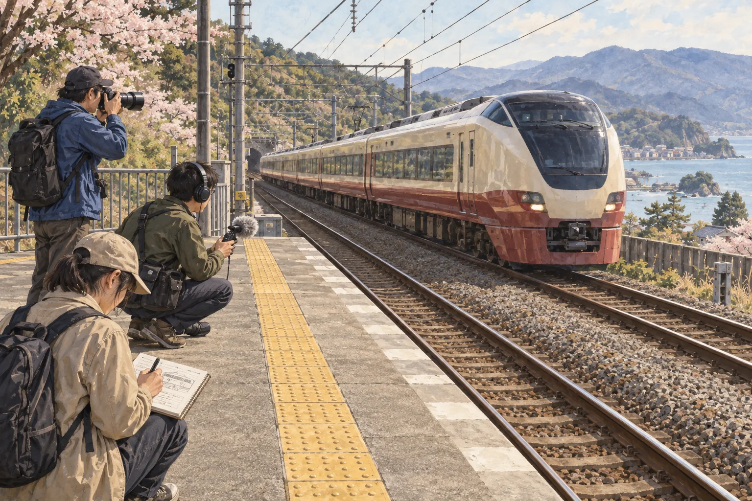 安全なホームから列車を記録する鉄道ファン