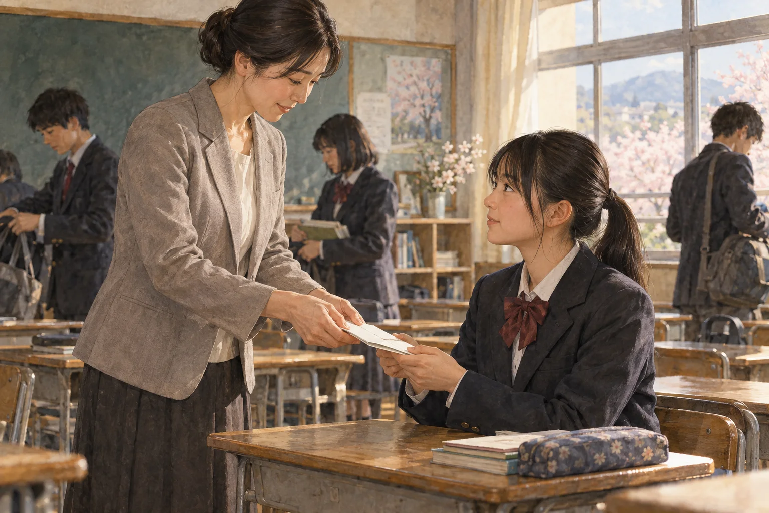 学期末に通知表を受け取る生徒