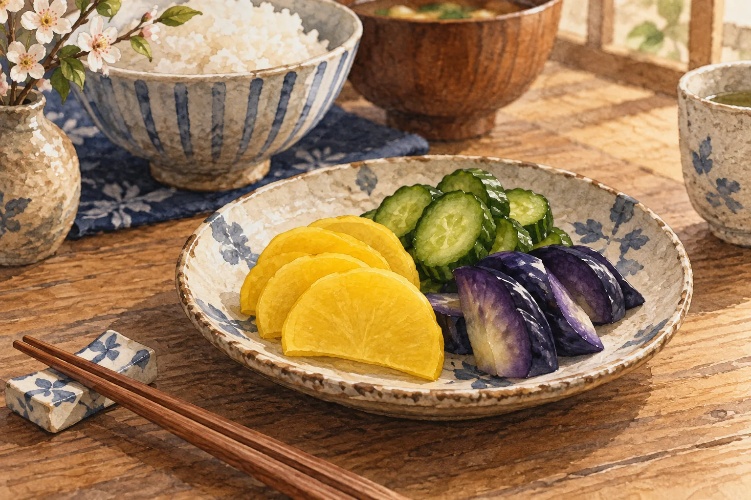 小皿に盛り合わせたたくあん、きゅうり、なすの漬物