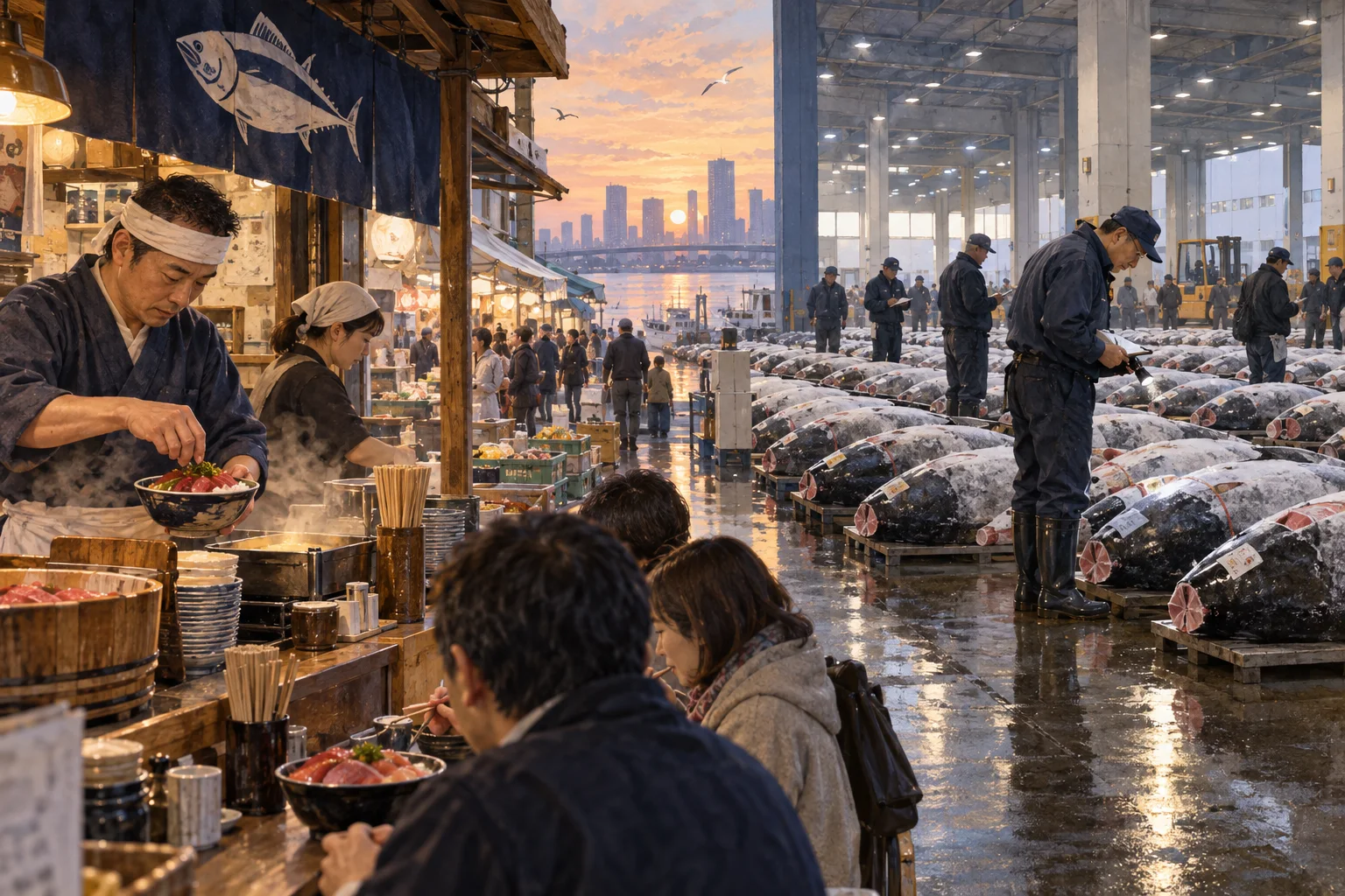豊洲の卸売市場と築地の場外で働く人々の朝