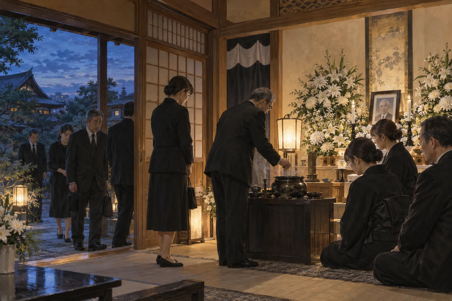 夕方の通夜で焼香し遺族に挨拶する弔問客