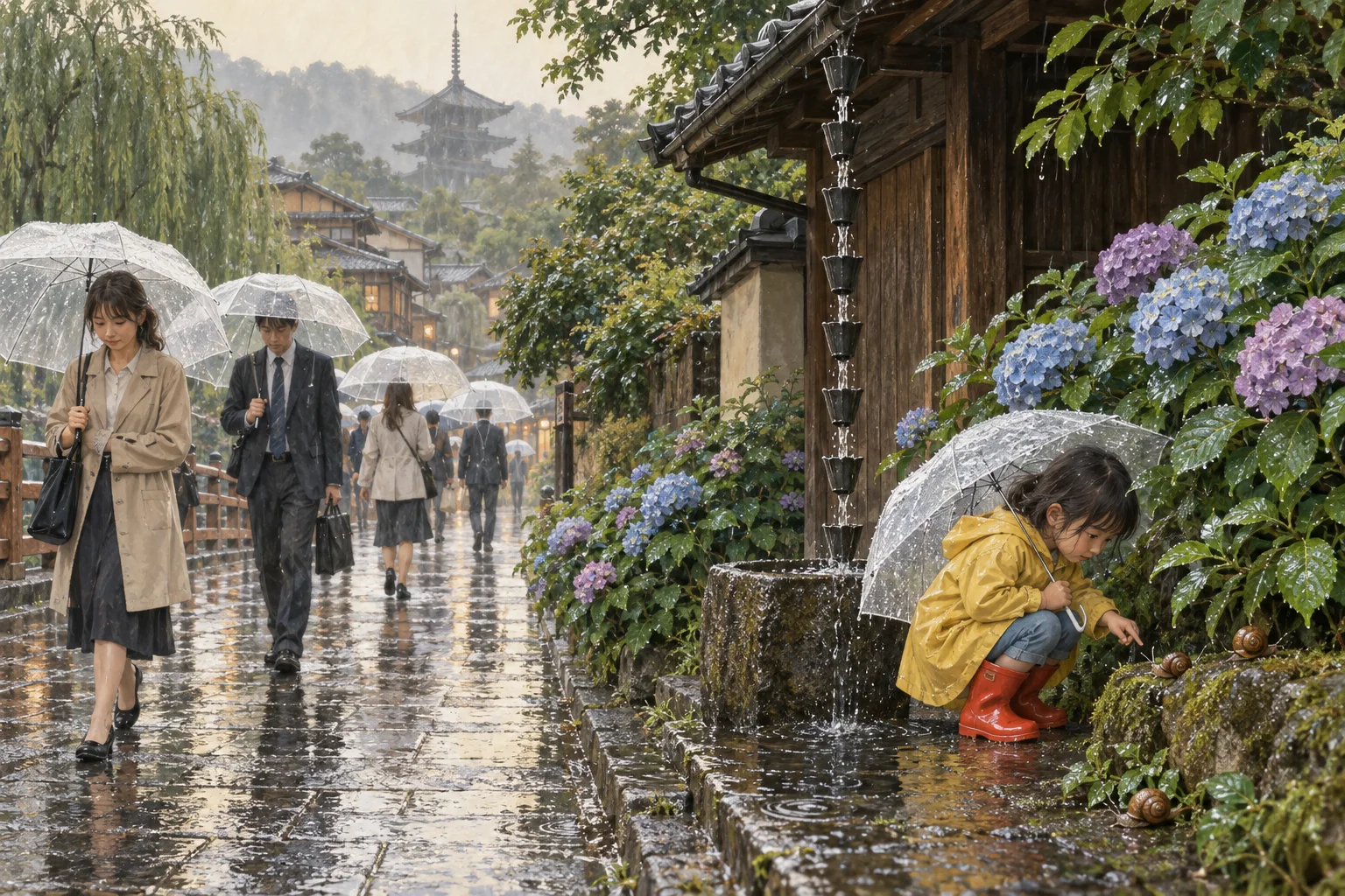 梅雨の雨の中を傘で歩く人々と咲くアジサイ