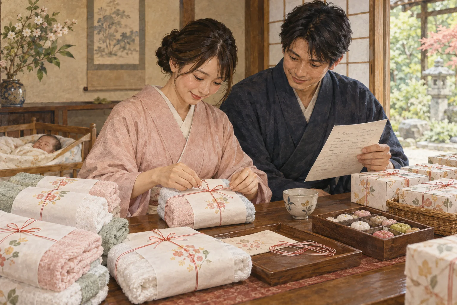 出産祝いへの内祝いを準備する家族