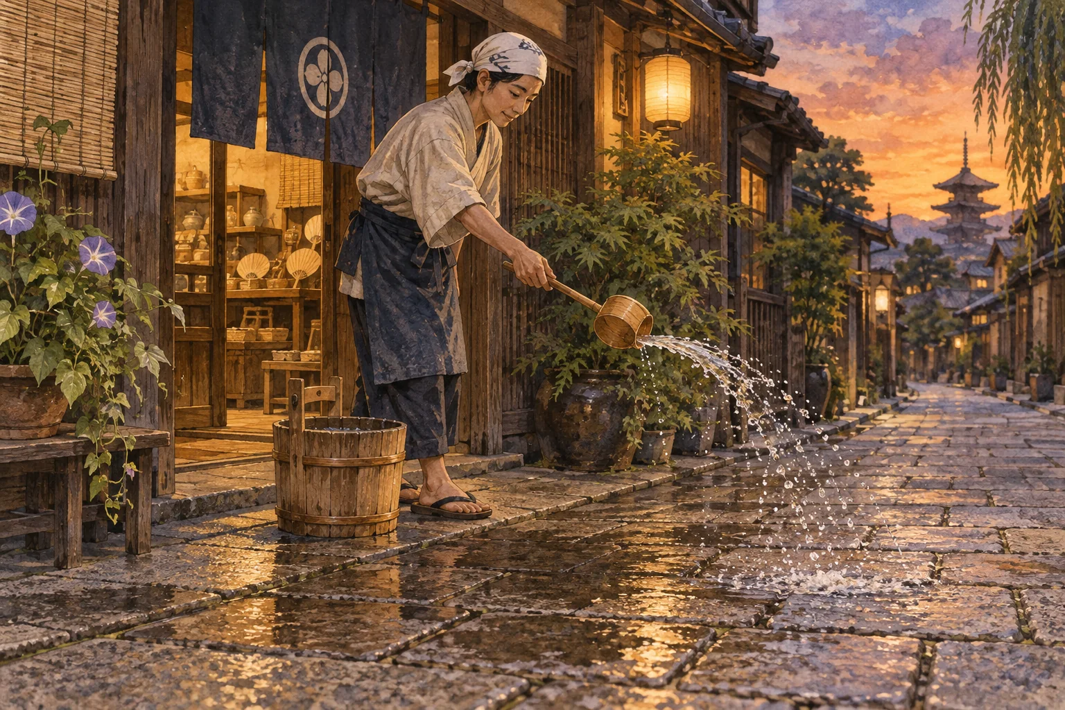 夕方の店先で打ち水をする人