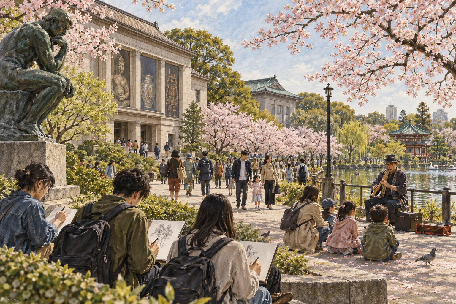 博物館と桜と池が集まる上野公園