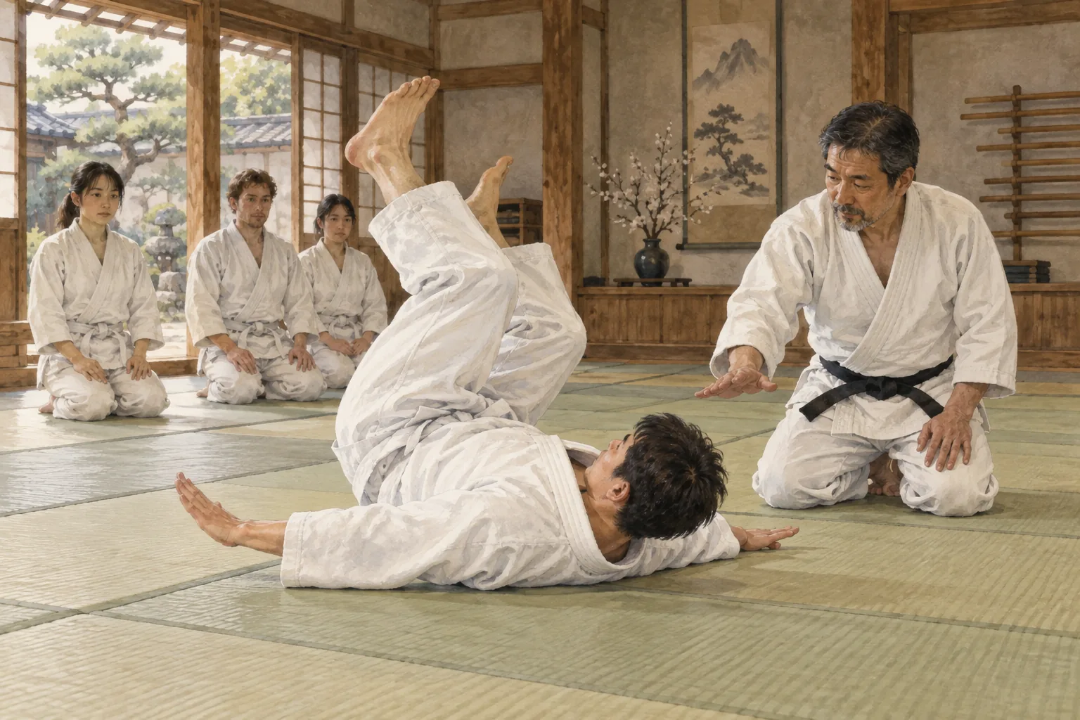 畳の上で後ろ受け身を練習する柔道家
