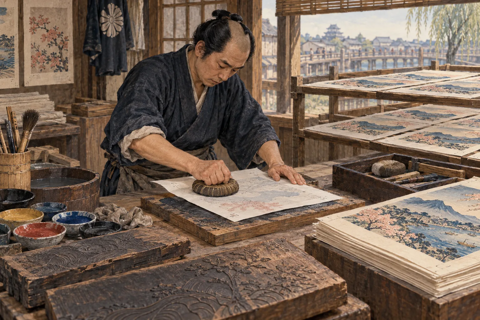 江戸の工房で浮世絵を摺る職人