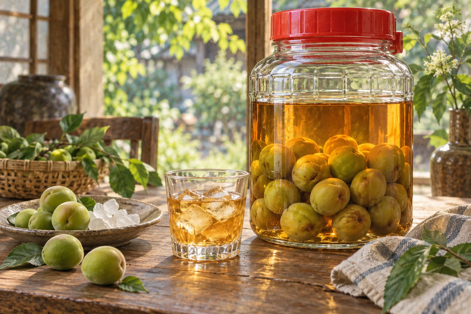 A jar of umeshu with ume fruit and a glass served over ice.