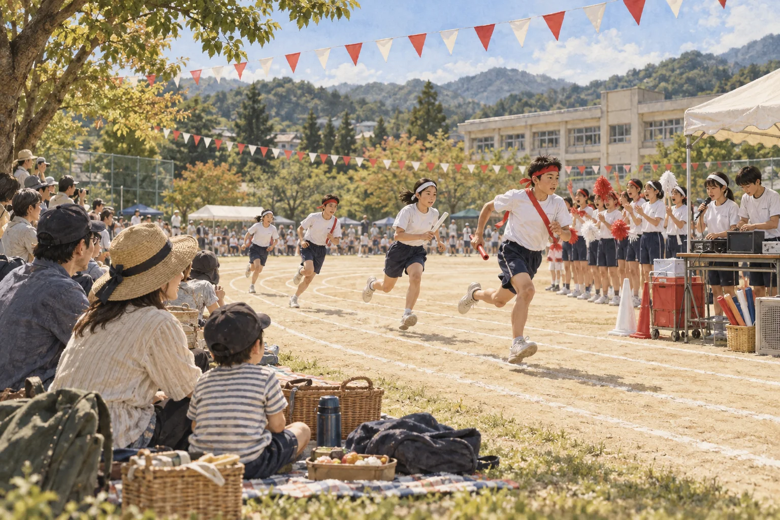 運動会で紅白のチームがリレーを競い家族が応援する校庭