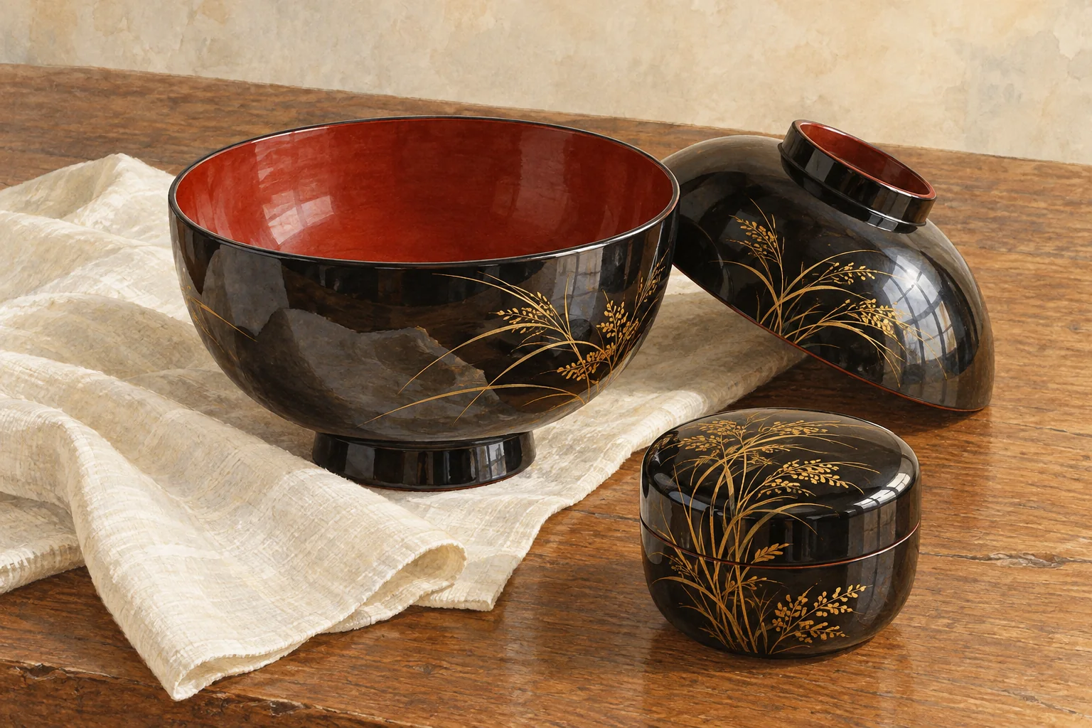 黒と朱の漆の椀と、金の草花模様を添えた蓋付きの器