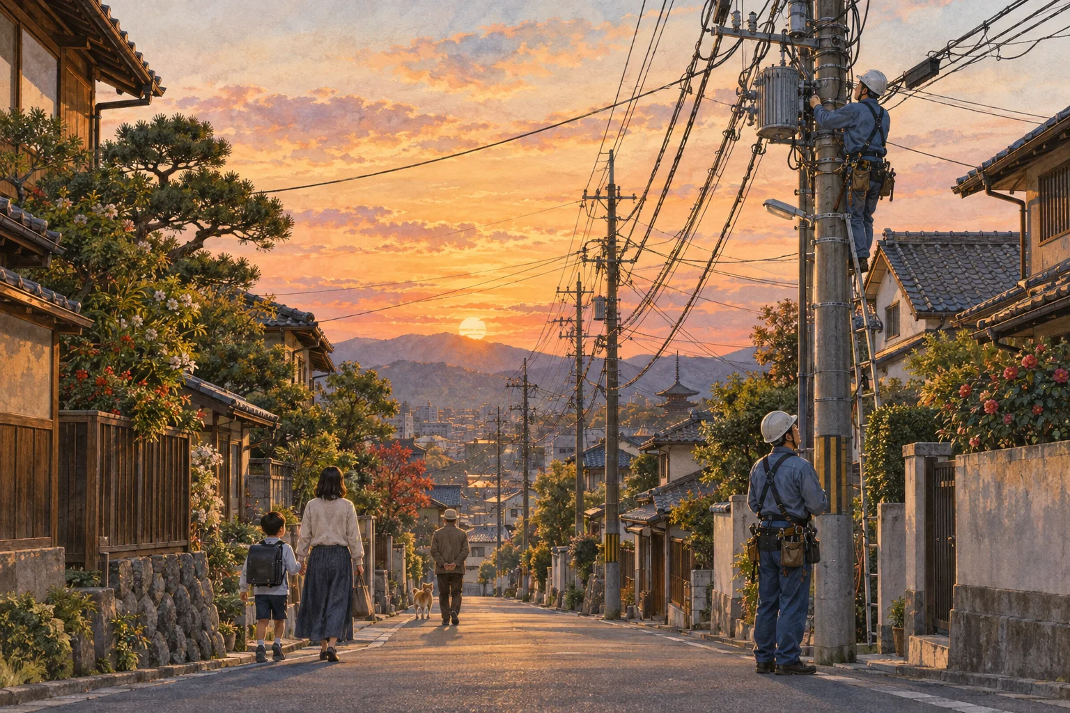 電柱と電線が連なる住宅街で点検する作業員