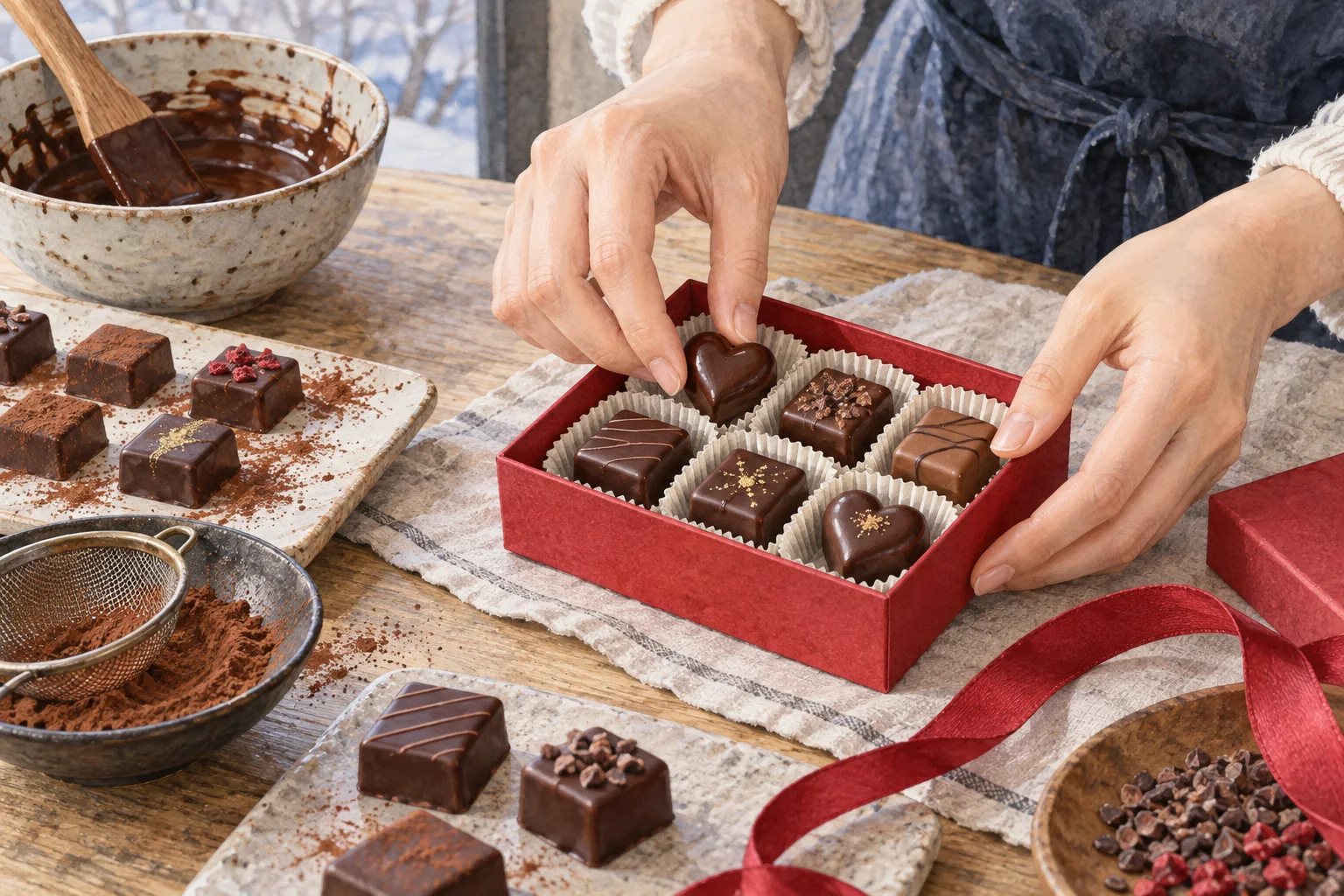 手作りのチョコレートを小箱へ詰めるバレンタインの準備