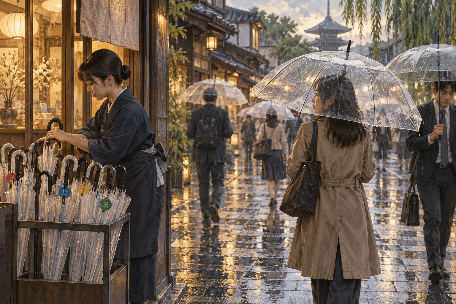 急な雨の街で透明なビニール傘を差す通勤客