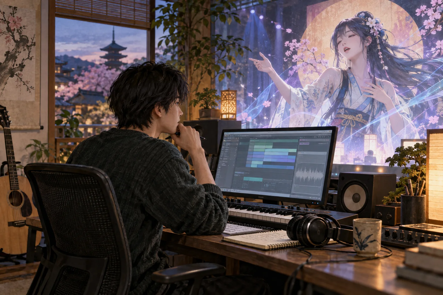 バーチャル歌声を使って楽曲を制作する若い音楽家