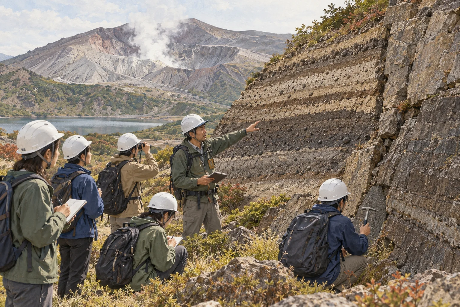 火山地帯で地層や断層を観察する地学調査隊