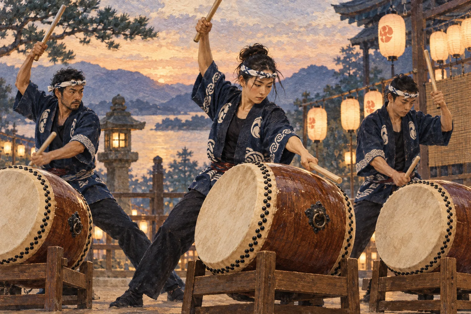 祭りの提灯の明かりの下で、法被姿の奏者たちが和太鼓を演奏する風景