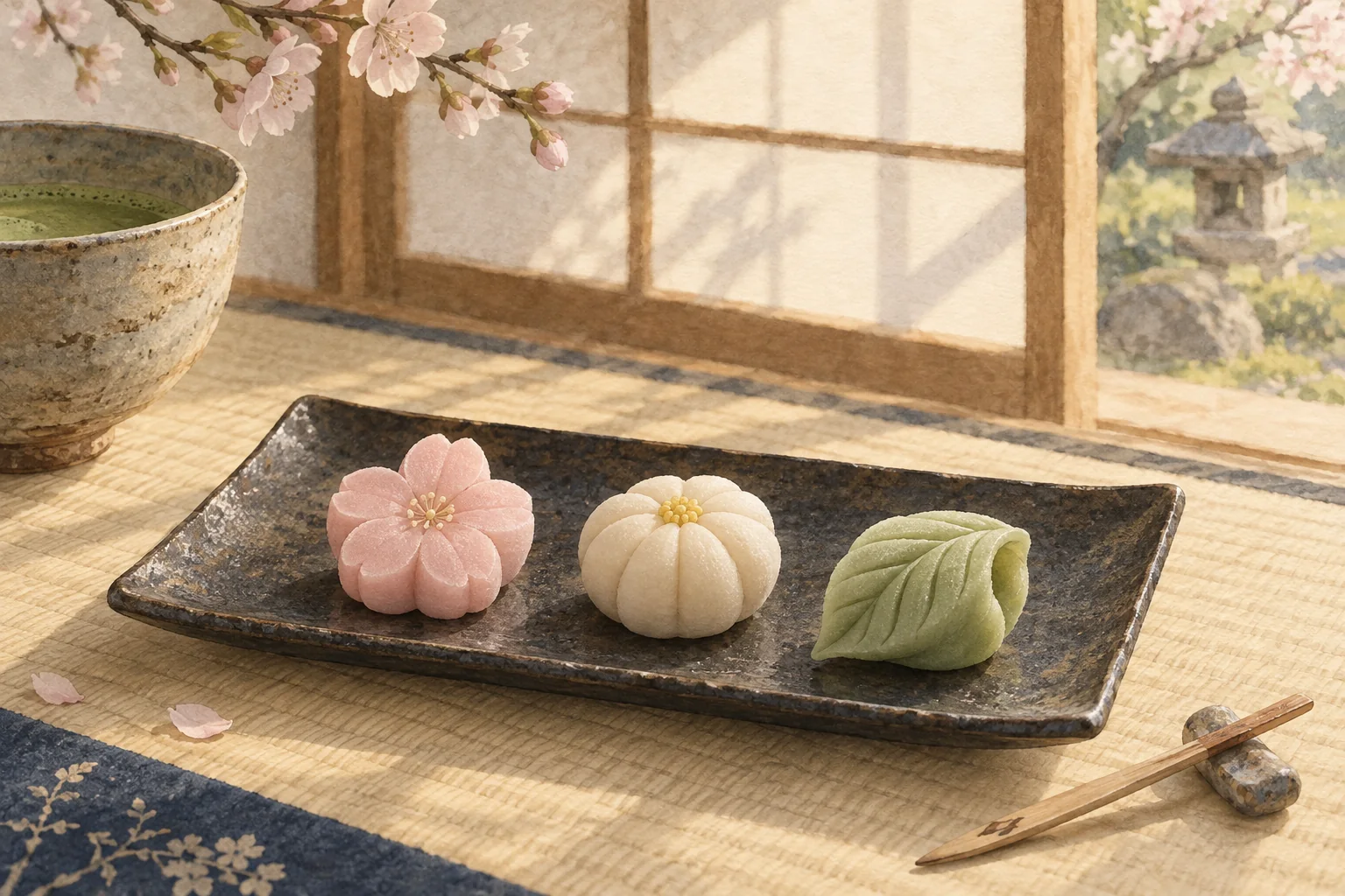 桜や葉をかたどった淡い色の練り切りを、黒い皿に並べた和菓子