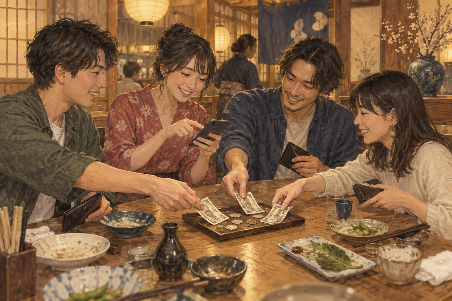 食事の会計を割り勘で精算する友人たち