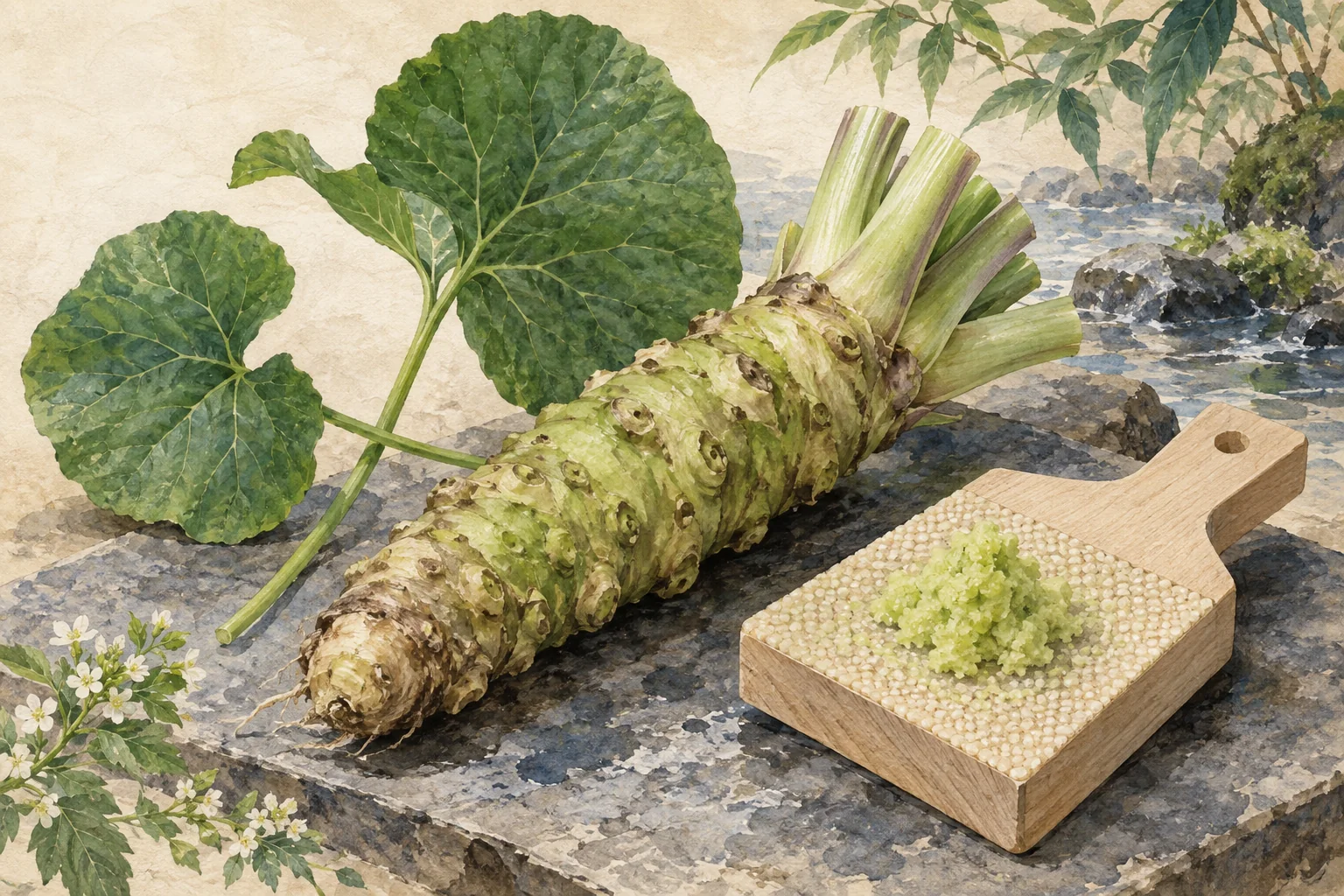 葉を添えたわさびの根茎と、すりおろしたわさび
