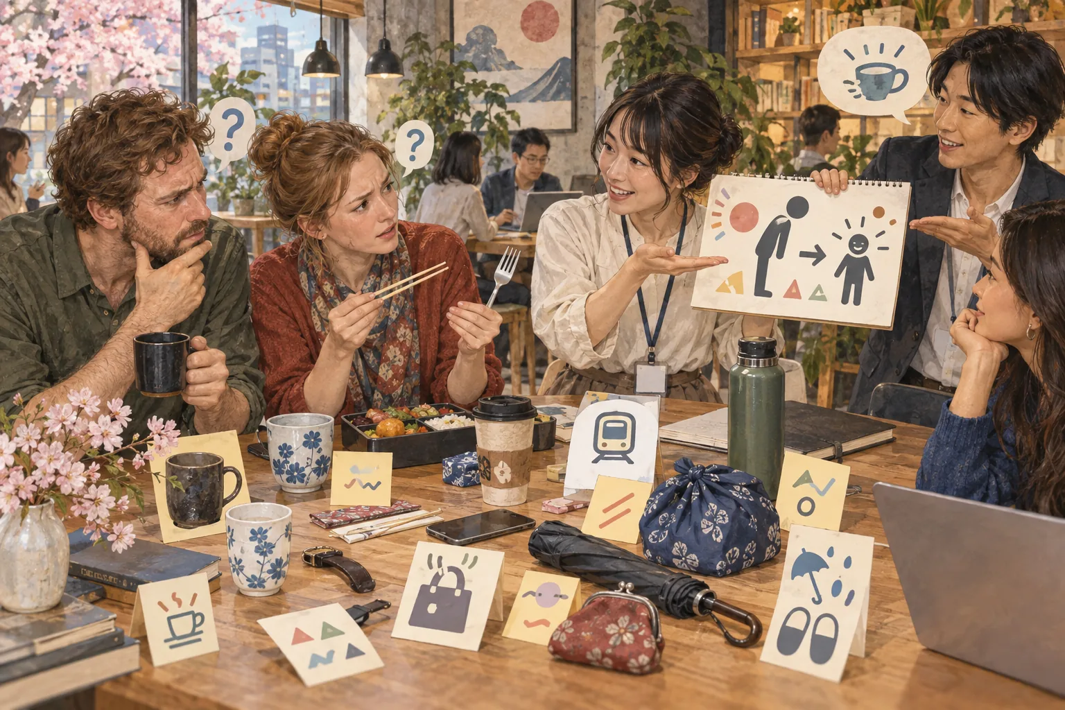 和製英語を身振りや絵で説明する人々