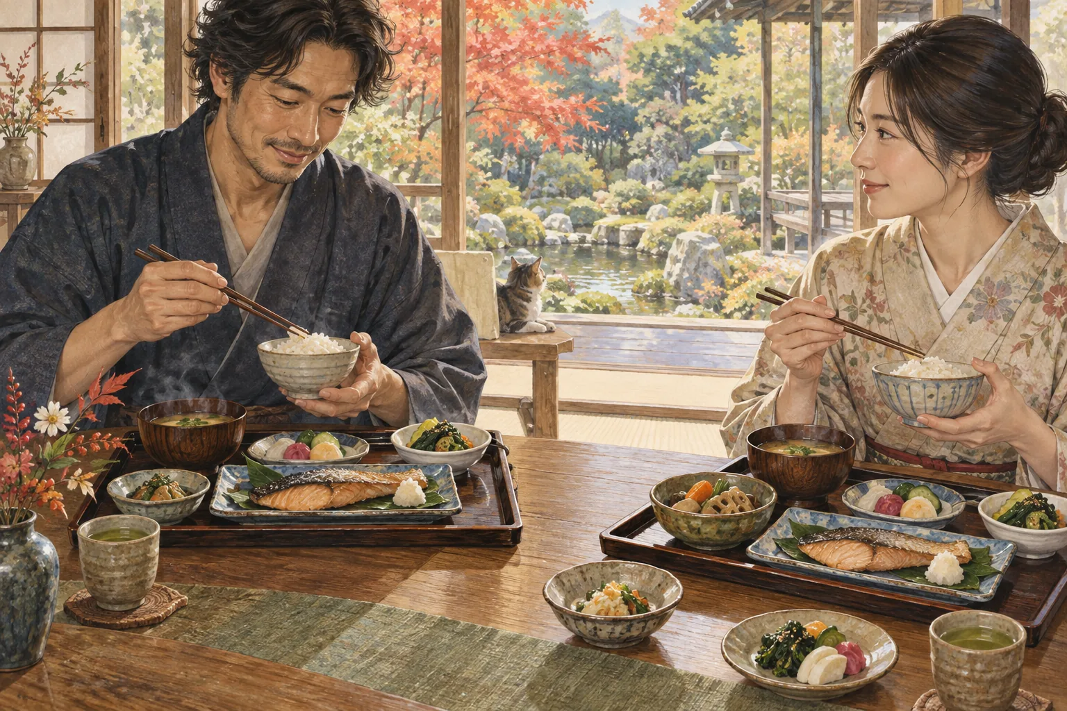ご飯と汁物と主菜と副菜をそろえた和食