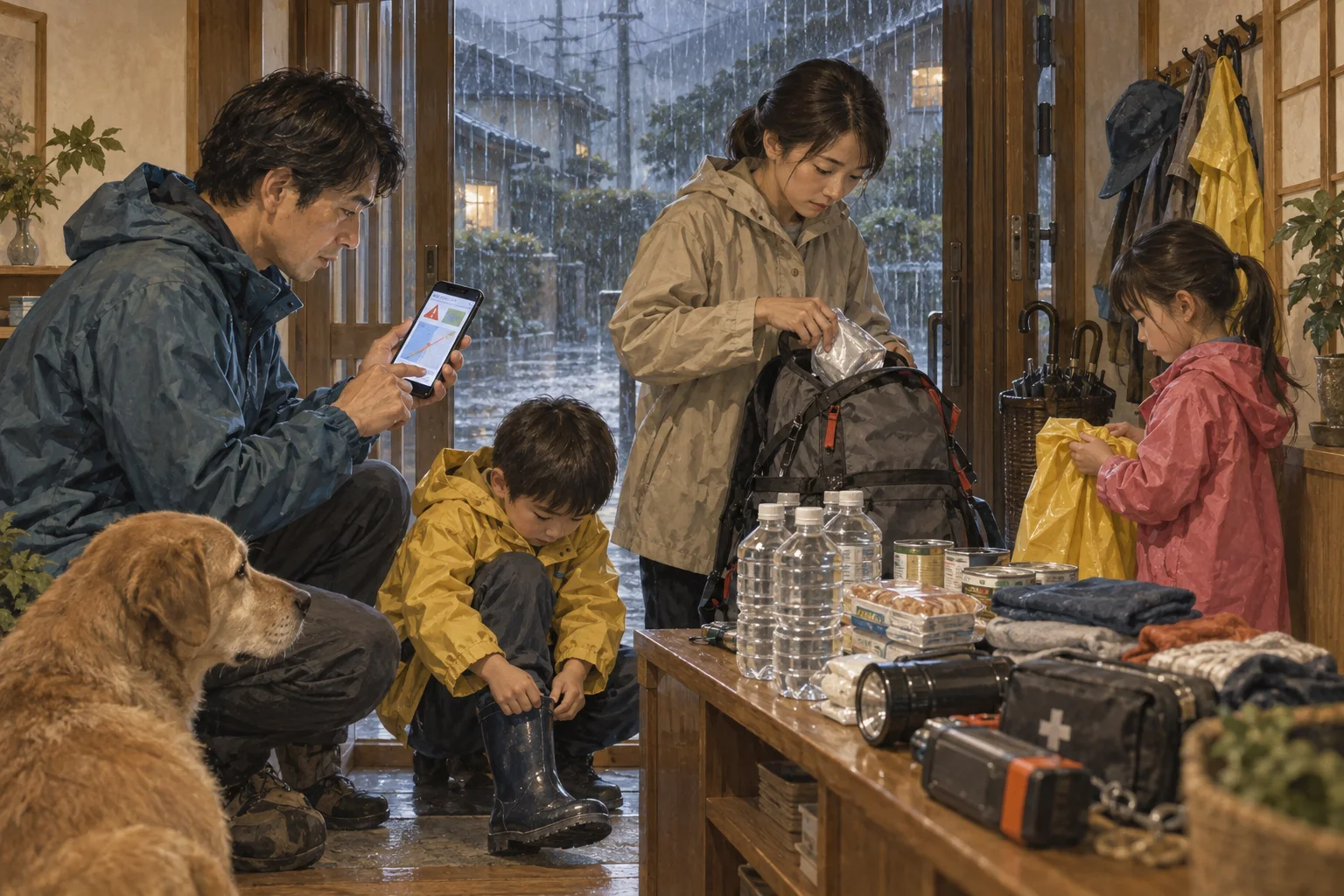大雨警報を確認して避難準備をする家族