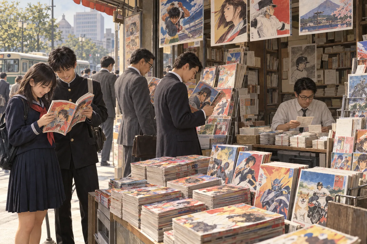 週刊漫画誌を読む人々と読者アンケートを整理する編集者