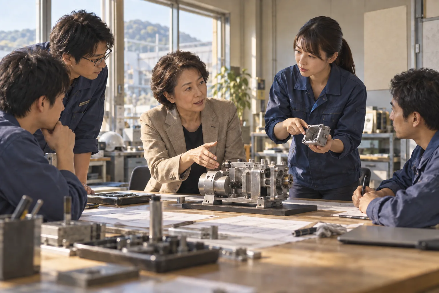 製造現場の会議で技術者を率いる女性管理職