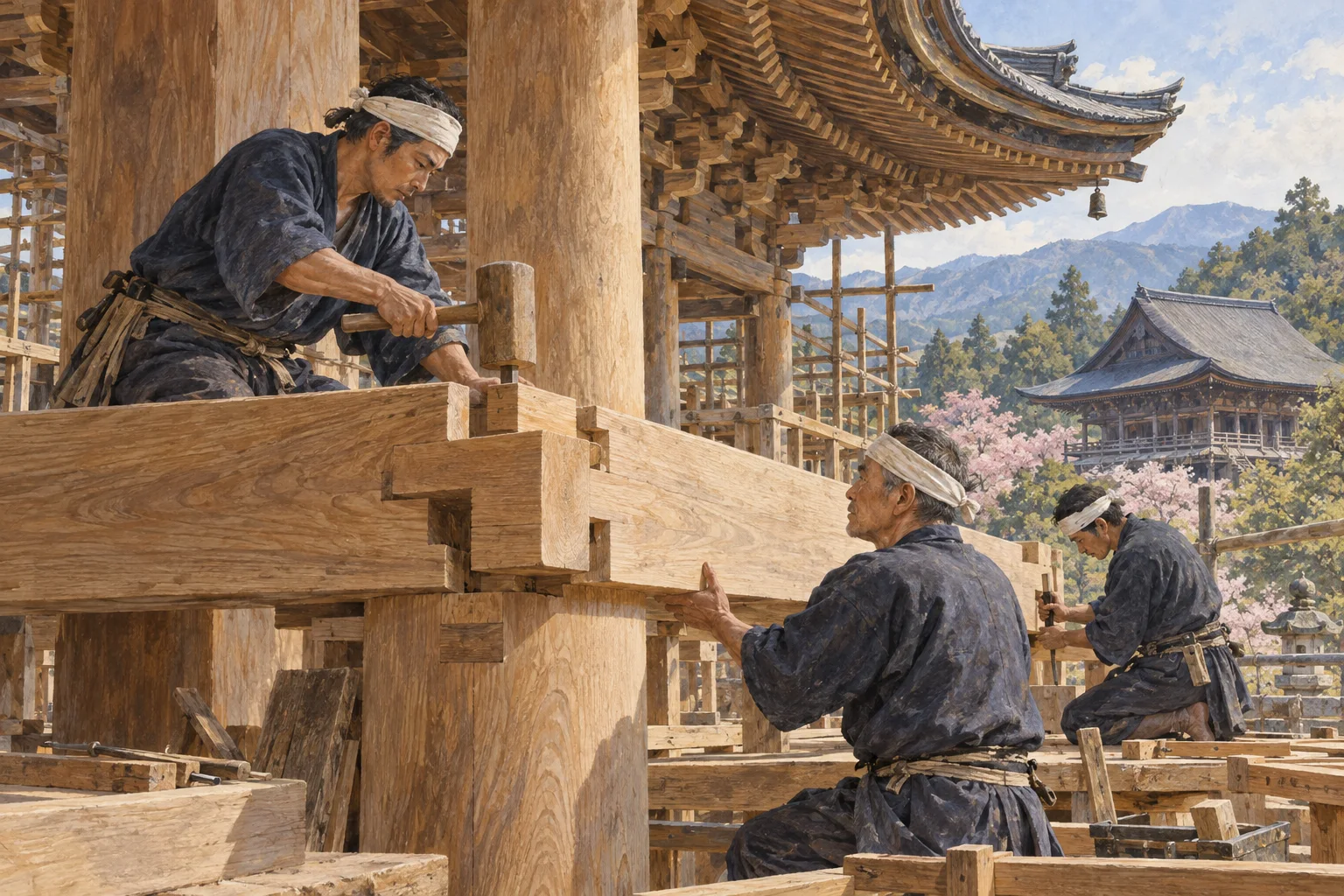伝統建築の木組みを修復する宮大工