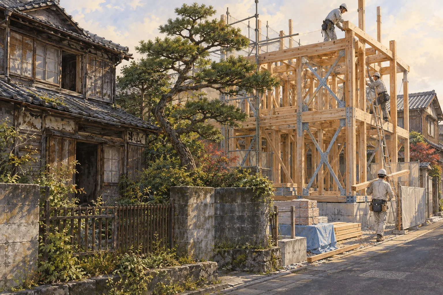 古い木造住宅の隣で新しい木の骨組みを建てる大工