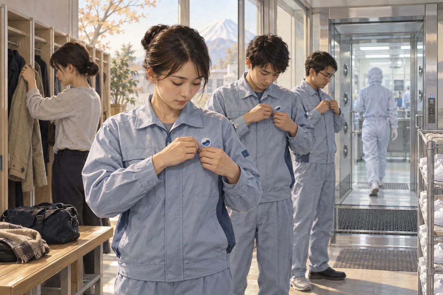 精密工場の入口で作業着と社章を身につける技術者たち