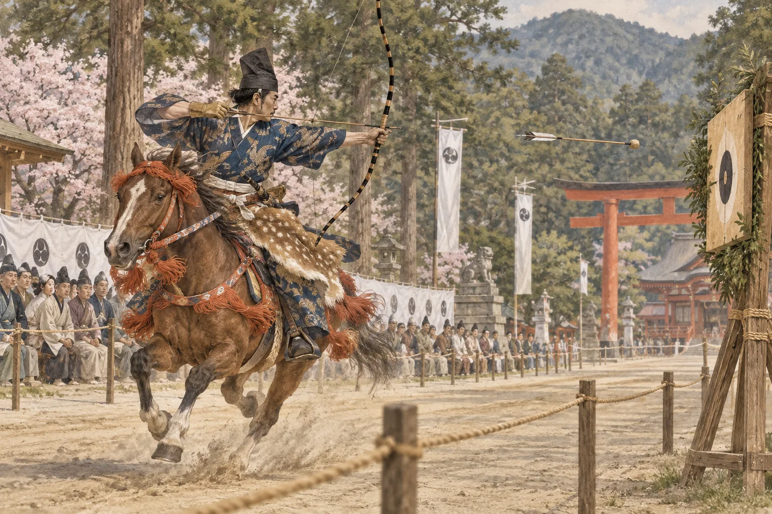 神社の馬場で的を射る流鏑馬の射手