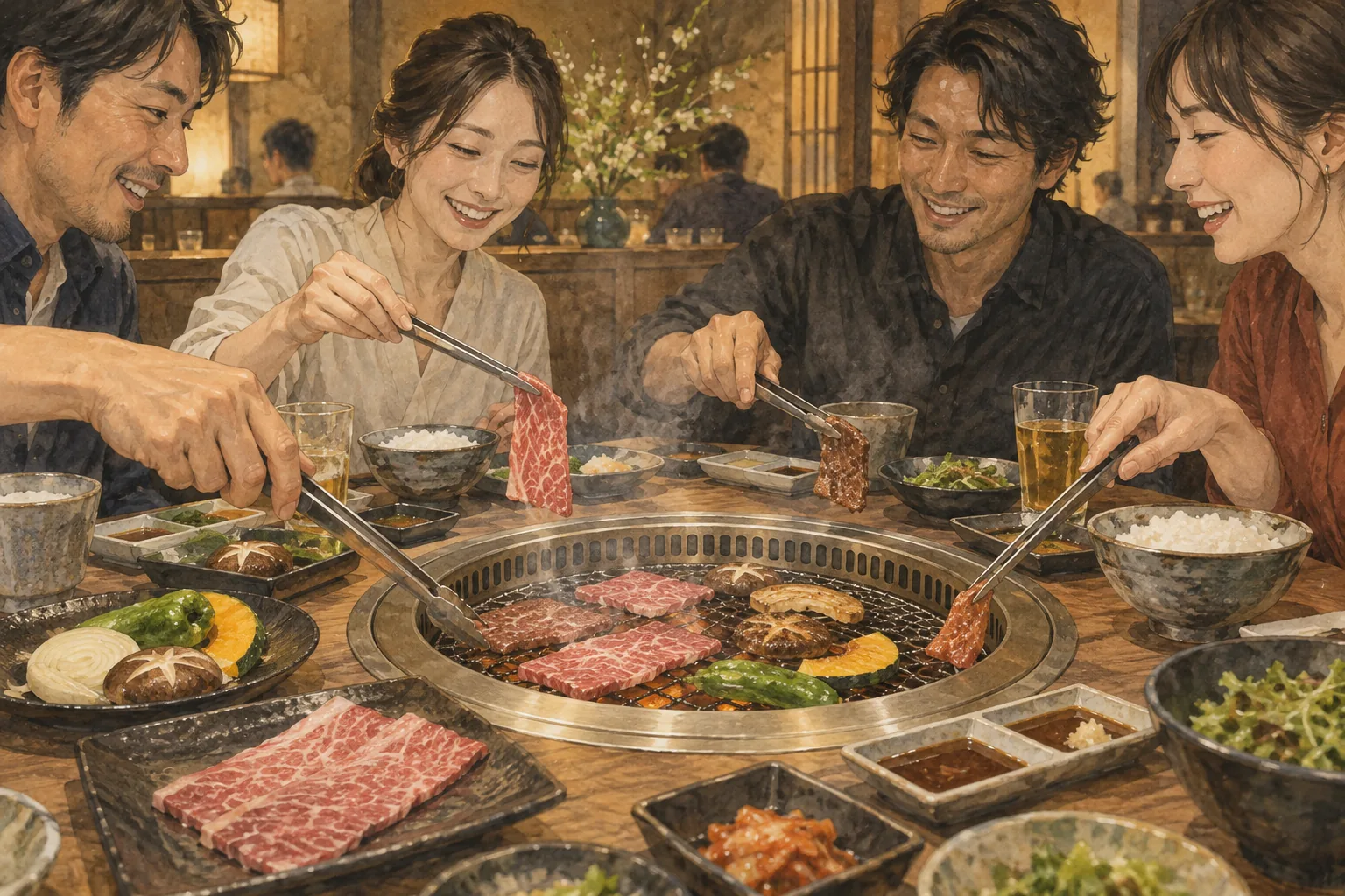 卓上の網で肉と野菜を焼く焼肉の食卓