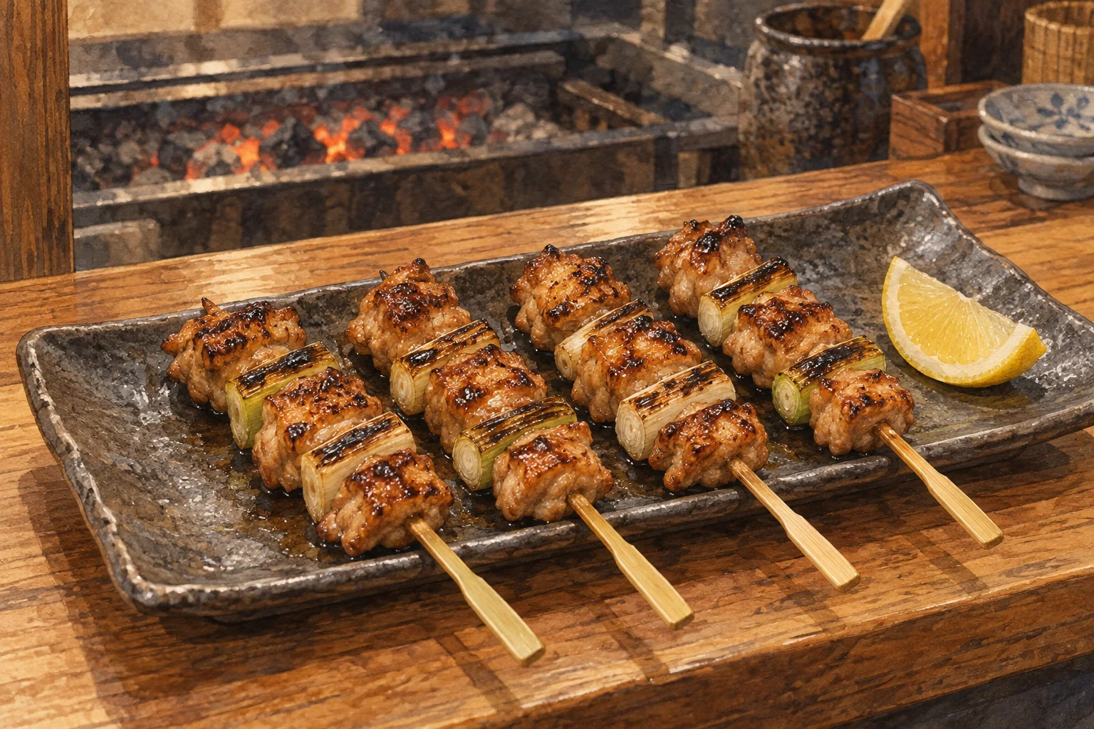 炭火で香ばしく焼いた鶏肉とねぎの串を、陶器の皿に並べた焼き鳥