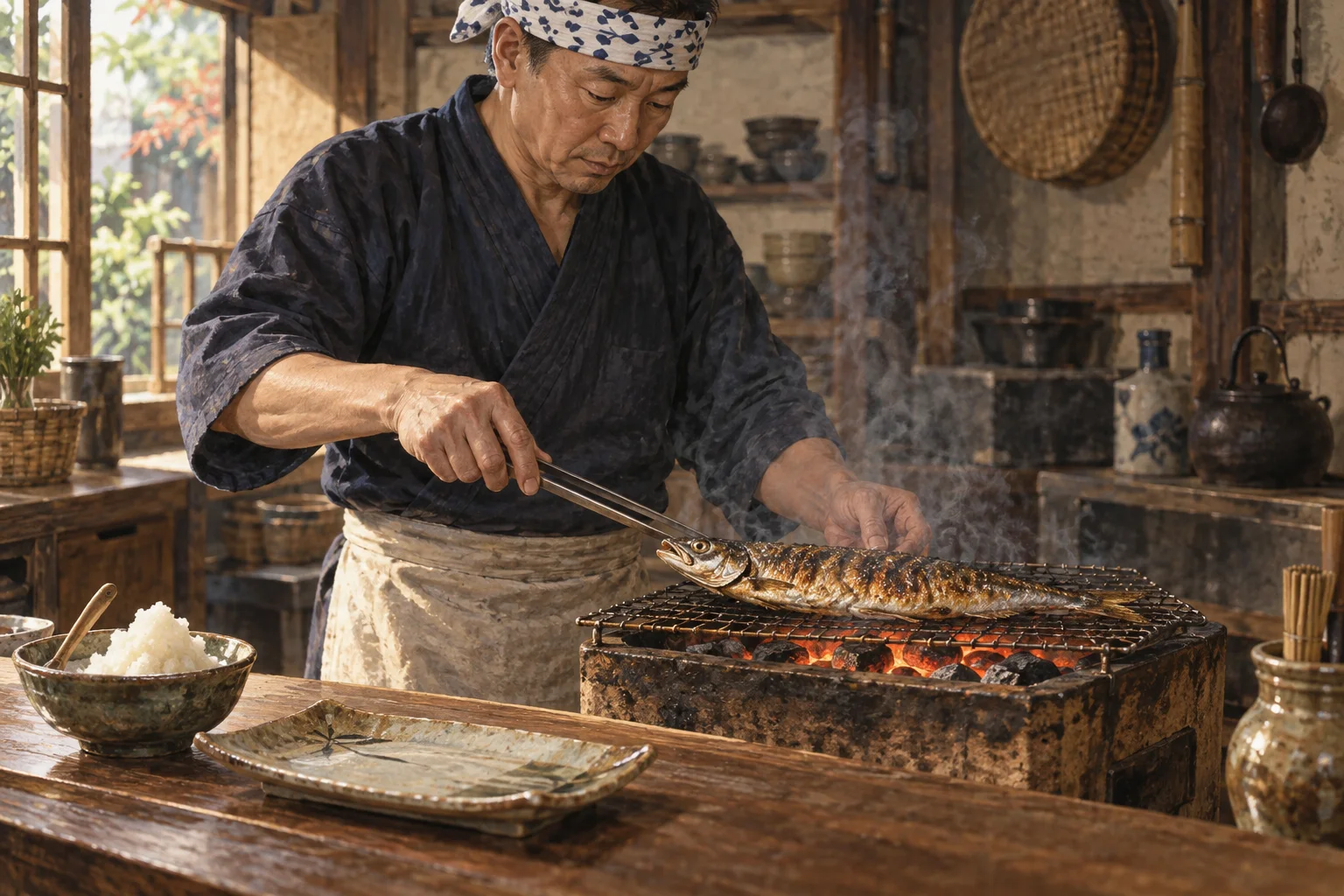 炭火で季節の魚を丁寧に焼く料理人