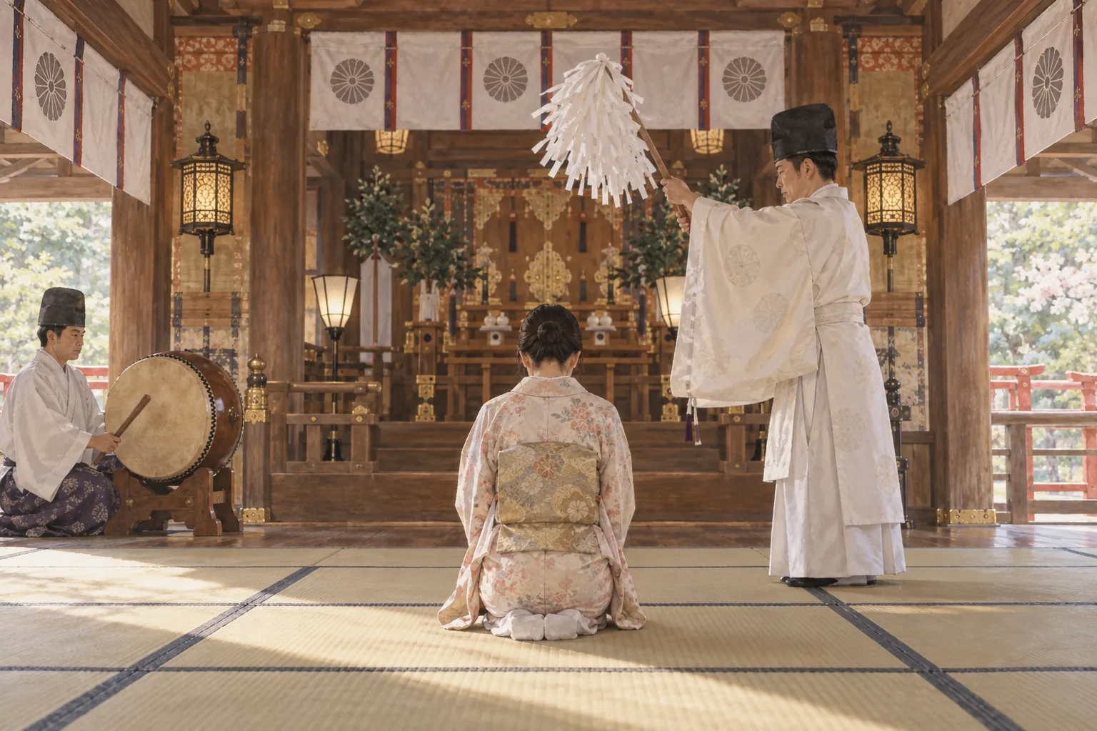 厄年の厄払いを受ける参拝者と祈祷する神職