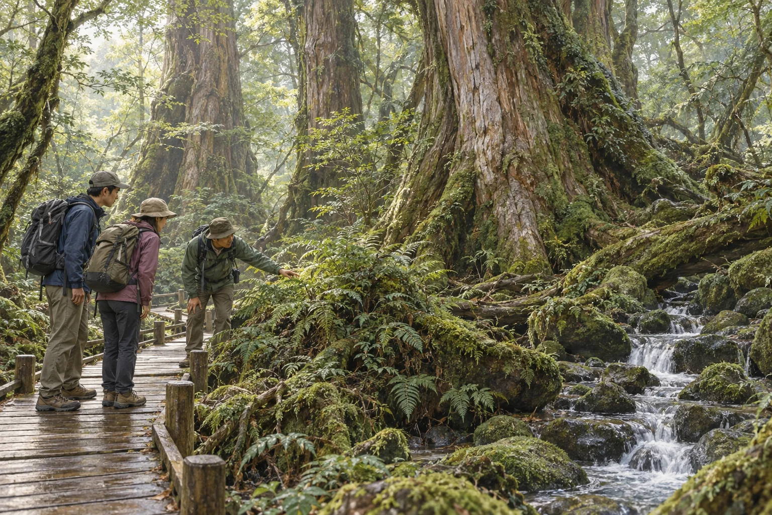 屋久島の苔むす杉林を歩くガイドと登山者