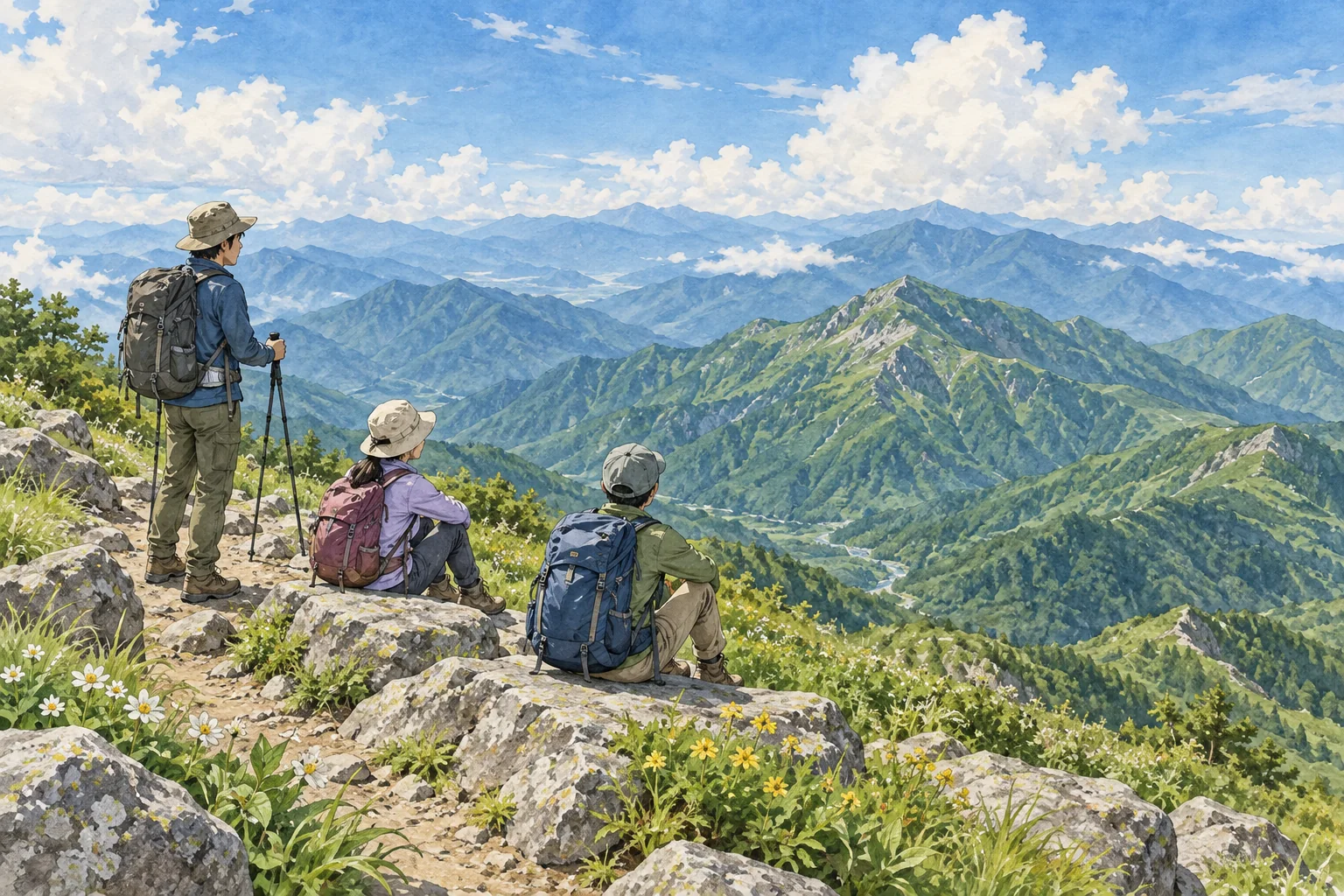 夏の山道から緑の山並みを眺める登山者たち