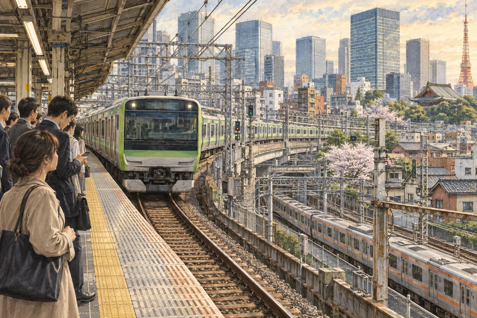 東京の複雑な線路を走る山手線