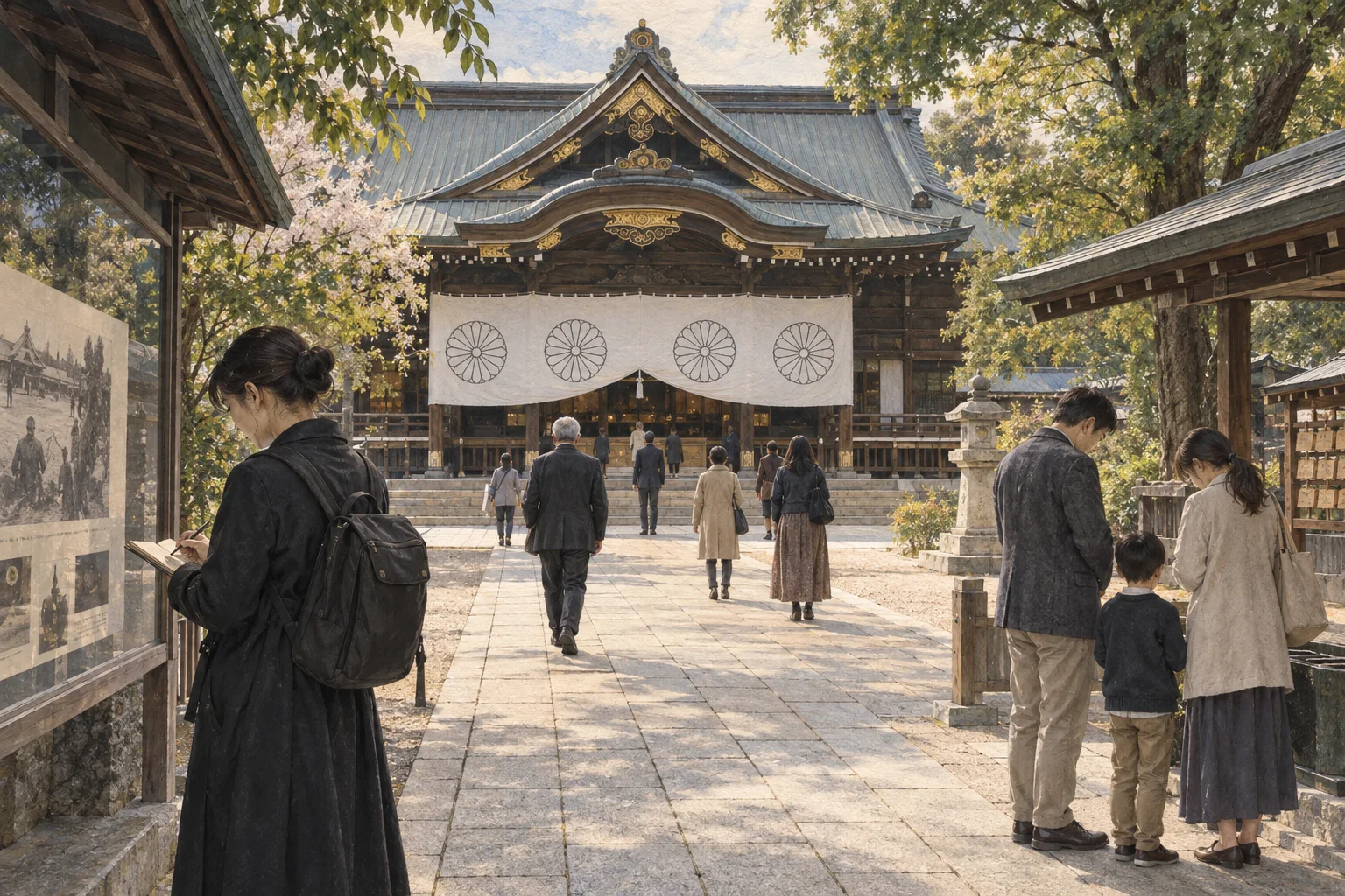 静かな平日に靖国神社を訪れ、それぞれに考える人々