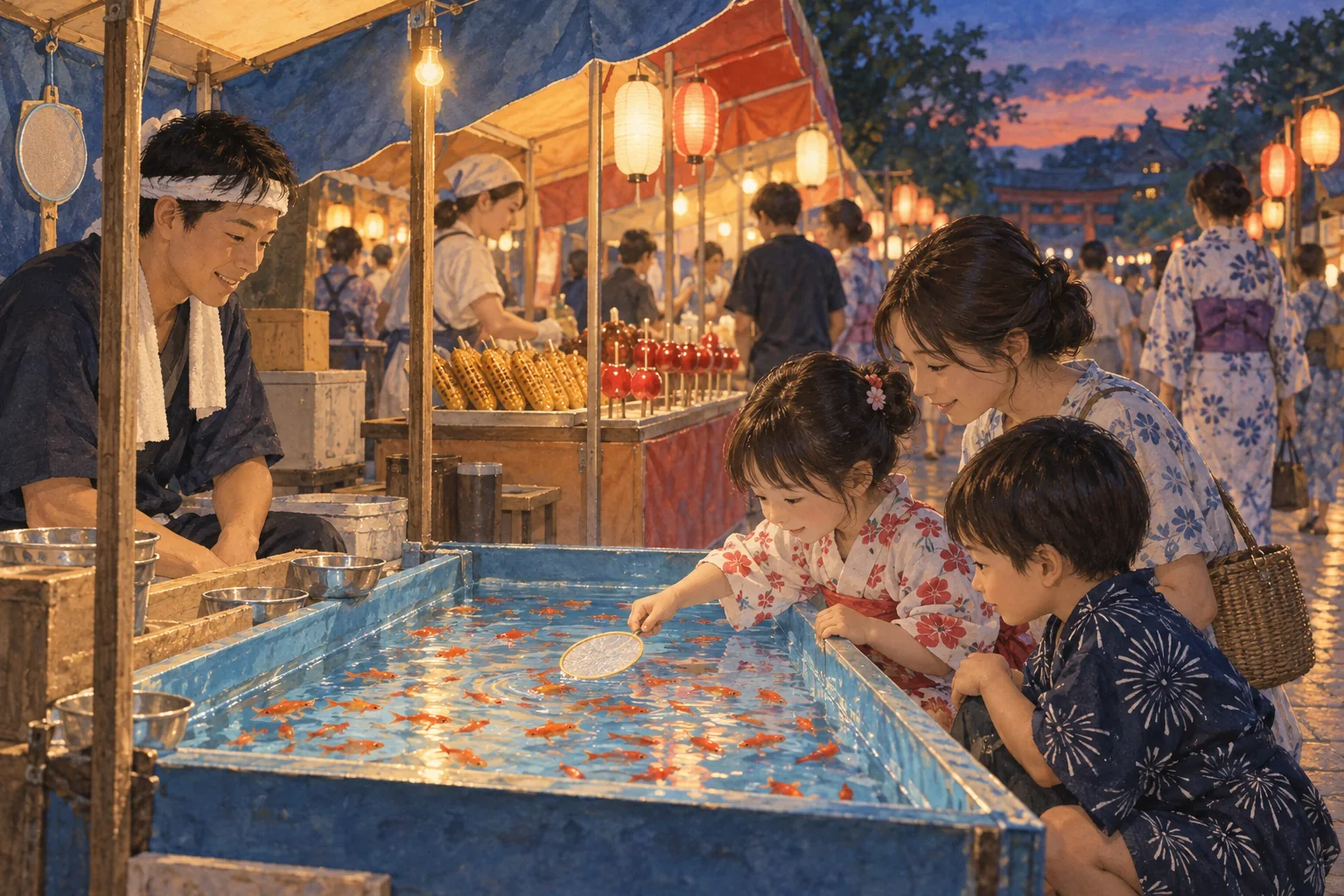 夕暮れの祭りで、金魚すくいを楽しむ子どもと食べ物の屋台