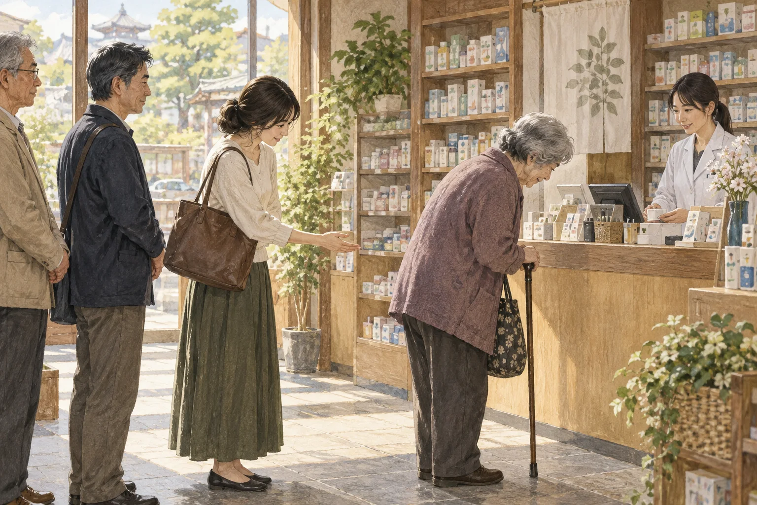 薬局の列で高齢者に順番を譲る客
